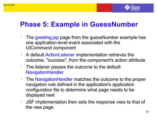 04/29/2004




             Phase 5: Example in GuessNumber
             ?   The greeting.jsp page from the guessNumber example has
                 one application-level event associated with the
                 UICommand component
             ?   A default ActionListener implementation retrieves the
                 outcome, "success", from the component's action attribute
             ?   The listener passes the outcome to the default
                 NavigationHandler
             ?   The NavigationHandler matches the outcome to the proper
                 navigation rule defined in the application's application
                 configuration file to determine what page needs to be
                 displayed next
             ?   JSF implementation then sets the response view to that of
                 the new page
                                                                         45
 