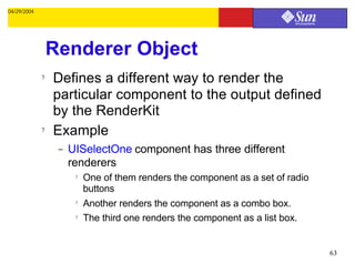 04/29/2004




                 Renderer Object
             ?   Defines a different way to render the
                 particular component to the output defined
                 by the RenderKit
             ?   Example
                  –   UISelectOne component has three different
                      renderers
                       ?   One of them renders the component as a set of radio
                           buttons
                       ?   Another renders the component as a combo box.
                       ?   The third one renders the component as a list box.


                                                                                 63
 