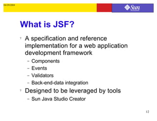 04/29/2004




             What is JSF?
             ?   A specification and reference
                 implementation for a web application
                 development framework
                 –   Components
                 –   Events
                 –   Validators
                 –   Back-end-data integration
             ?   Designed to be leveraged by tools
                 –   Sun Java Studio Creator

                                                        12
 