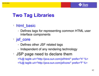 04/29/2004




             Two Tag Libraries
             ?   html_basic
                 –   Defines tags for representing common HTML user
                     interface components
             ?   jsf_core
                 –   Defines other JSF related tags
                 –   Independent of any rendering technology
             ?   JSP page need to declare them
                 <%@ taglib uri="http://java.sun.com/jsf/html/" prefix="h" %>
                 <%@ taglib uri="http://java.sun.com/jsf/core/" prefix="f" %>

                                                                                82
 