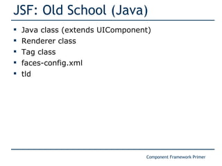 JSF: Old School (Java) Java class (extends UIComponent) Renderer class Tag class faces-config.xml tld 