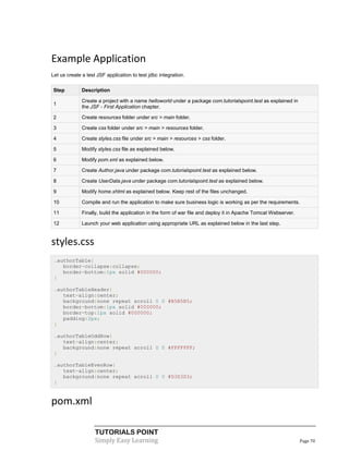 Example Application
Let us create a test JSF application to test jdbc integration.

Step          Description

              Create a project with a name helloworld under a package com.tutorialspoint.test as explained in
1
              the JSF - First Application chapter.

2             Create resources folder under src > main folder.

3             Create css folder under src > main > resources folder.

4             Create styles.css file under src > main > resources > css folder.

5             Modify styles.css file as explained below.

6             Modify pom.xml as explained below.

7             Create Author.java under package com.tutorialspoint.test as explained below.

8             Create UserData.java under package com.tutorialspoint.test as explained below.

9             Modify home.xhtml as explained below. Keep rest of the files unchanged.

10            Compile and run the application to make sure business logic is working as per the requirements.

11            Finally, build the application in the form of war file and deploy it in Apache Tomcat Webserver.

12            Launch your web application using appropriate URL as explained below in the last step.


styles.css
 .authorTable{
    border-collapse:collapse;
    border-bottom:1px solid #000000;
 }

 .authorTableHeader{
    text-align:center;
    background:none repeat scroll 0 0 #B5B5B5;
    border-bottom:1px solid #000000;
    border-top:1px solid #000000;
    padding:2px;
 }

 .authorTableOddRow{
    text-align:center;
    background:none repeat scroll 0 0 #FFFFFFF;
 }

 .authorTableEvenRow{
    text-align:center;
    background:none repeat scroll 0 0 #D3D3D3;
 }


pom.xml

                    TUTORIALS POINT
                    Simply Easy Learning                                                                         Page 70
 