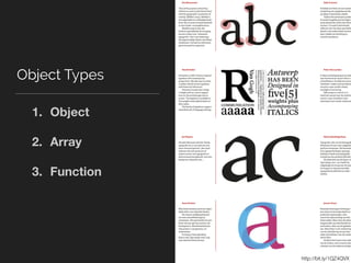 Object Types
http://bit.ly/1QZ4QVX
1. Object
2. Array
3. Function
 