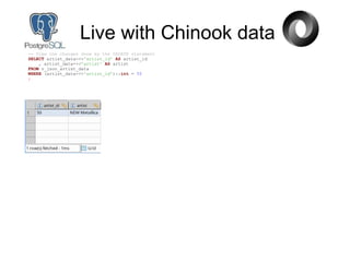 Live with Chinook data
-- View the changes done by the UPDATE statement
SELECT artist_data->>'artist_id' AS artist_id
, artist_data->>'artist' AS artist
FROM v_json_artist_data
WHERE (artist_data->>'artist_id')::int = 50
;
 