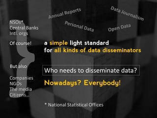 Who needs to disseminate data?
Nowadays? Everybody!
Of course!
NSOs*
Central Banks
Intl. orgs
* National Statistical Offices
Companies
The media
Citizens…
But also
NGOs
a simple light standard
for all kinds of data disseminators
 