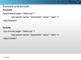 Forward and Include
Java Web
Forward
<jsp:forward page= "datos.jsp" >
<jsp:param name= "parametro" value= "valor" />
</jsp:forward>
Include
<jsp:include page= "datos.jsp" >
<jsp:param name= "parametro" value= "valor" />
</jsp:include>
 