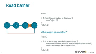 Read barrier
50
A B C DB C
Read D
-----------
If (D hasn’t been marked in this cycle){
markObject (D)
}
Return DD
What about compaction?
Read D
-----------
If (D is in a memory page being compacted){
followNewAddressOrMoveObjectToNewAddressNow(D)
updateReferenceToNewAddress(D)
}
Return D
 