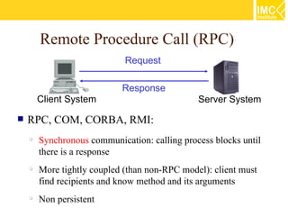 Remote Procedure Call (RPC)
                             Request

                            Response
        Client System                          Server System

   RPC, COM, CORBA, RMI:
    
        Synchronous communication: calling process blocks until
        there is a response
    
        More tightly coupled (than non-RPC model): client must
        find recipients and know method and its arguments
    
        Non persistent
 