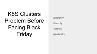 K8S Clusters
Problem Before
Facing Black
Friday
Efficiency
Security
Stability
Availability
 