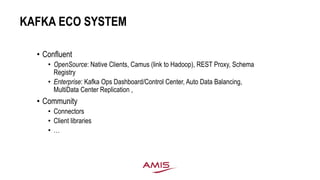 KAFKA ECO SYSTEM
• Confluent
• OpenSource: Native Clients, Camus (link to Hadoop), REST Proxy, Schema
Registry
• Enterprise: Kafka Ops Dashboard/Control Center, Auto Data Balancing,
MultiData Center Replication ,
• Community
• Connectors
• Client libraries
• …
 