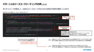 © 2024 NTT DATA Group Corporation 23
パターン1のソースコードリーディングの例 (2/5)
⾒つかったコードを確認して、当該のエラーメッセージが出⼒される原因や背景を理解していきます
前項で⾒つけた当該のエラーメッセージを出⼒するコード
当該エラーメッセージの
出⼒箇所
Kafka⽤語: HighWatermark
Broker間で同期を⾏う各Partitionのメッセージ(データ)のうち、
同期が完了した末尾(最新)のメッセージのOffset(通番)
当該のエラーメッセージはHighWatermarkの更新前のバリデーションに引っかかっており、
何らかの理由で期待されない(負数の)HighWatermarkが指定されたことが直接原因
HighWatermarkの
更新処理
当該のHighWatermarkはこのメソッドの呼び出し元から渡されてきているので、
この呼び出し階層を辿って、期待されないHighWatermarkが指定される箇所を探す
(分析)
(次⼿)
Call Hierarchy(呼び出し階層検索)で
このメソッドの呼び出し階層を調べる
command(⌘) + shift(⇧) + H
 