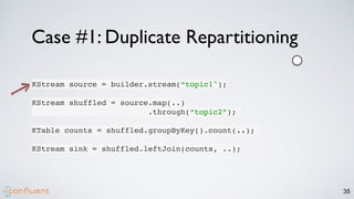 35
Case #1: Duplicate Repartitioning
KStream source = builder.stream(“topic1");
KStream shuffled = source.map(..) 
.through(“topic2”);
KTable counts = shuffled.groupByKey().count(..);
KStream sink = shuffled.leftJoin(counts, ..);
 