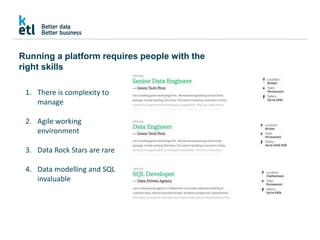 Running a platform requires people with the
right skills
1. There is complexity to
manage
2. Agile working
environment
3. Data Rock Stars are rare
4. Data modelling and SQL
invaluable
 