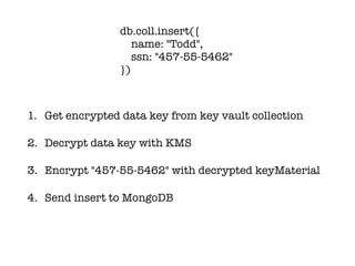 db.coll.insert({
name: "Todd",
ssn: "457-55-5462"
})
1. Get encrypted data key from key vault collection
2. Decrypt data key with KMS
3. Encrypt "457-55-5462" with decrypted keyMaterial
4. Send insert to MongoDB
 