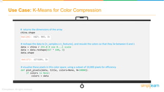 Use Case: K-Means for Color Compression
# returns the dimensions of the array
china.shape
# reshape the data to [n_samples x n_features], and rescale the colors so that they lie between 0 and 1
data = china / 255.0 # use 0...1 scale
data = data.reshape(427 * 640, 3)
data.shape
# visualize these pixels in this color space, using a subset of 10,000 pixels for efficiency
def plot_pixels(data, title, colors=None, N=10000):
if colors is None:
colors = data
 