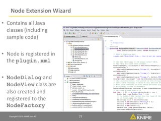 Copyright © 2015 KNIME.com AG 77
Node Extension Wizard
• Contains all Java
classes (including
sample code)
• Node is registered in
the plugin.xml
• NodeDialog and
NodeView class are
also created and
registered to the
NodeFactory
77
 