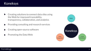 Creating solutions to connect data silos using
the Web for improved traceability,
transparency, collaboration, and analytics
Providing consulting and research services
Creating open-source software
Promoting the Data Web
Koneksys
2
 