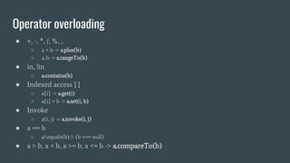 Operator overloading
● +, -, *, /, %, ..
○ a + b -> a.plus(b)
○ a..b -> a.rangeTo(b)
● in, !in
○ a.contains(b)
● Indexed access []
○ a[i] -> a.get(i)
○ a[i] = b -> a.set(i, b)
● Invoke
○ a(i, j) -> a.invoke(i, j)
● a == b
○ a?.equals(b) ?: (b === null)
● a > b, a < b, a >= b, a <= b -> a.compareTo(b)
 