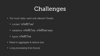 • Too much data, want only relevant Tweets
• contain “สวัสดีปีใหม่”
• variations: หวัดดีปีใหม่, หวัดดีปีหม่ายยย
• typos: หวัดตีปีใหม่
• Need to aggregate & reduce size
• Long processing time (hours)
Challenges
 