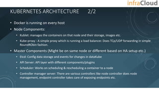 KUBERNETES ARCHITECTURE 2/2
• Docker is running on every host
• Node Components:
• Kublet: manages the containers on that node and their storage, images etc.
• Kube-proxy - A simple proxy which is running a load balancer. Does TCp/UDP forwarding in simple
RoundRObin fashion.
• Master Components (Might be on same node or different based on HA setup etc.)
• Etcd: Config data storage and events for changes in dataKube
• API Server: API layer with different components/plugins
• Scheduler: Works on scheduling & rescheduling a container to a node
• Controller manager server: There are various controllers like node controller does node
management, endpoint controller takes care of exposing endpoints etc.
 
