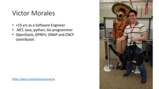 Victor Morales
• +15 yrs as a Software Engineer
• .NET, Java, python, Go programmer
• OpenStack, OPNFV, ONAP and CNCF
contributor.
https://about.me/electrocucaracha
 