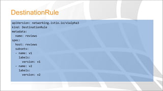 apiVersion: networking.istio.io/v1alpha3
kind: DestinationRule
metadata:
name: reviews
spec:
host: reviews
subsets:
- name: v1
labels:
version: v1
- name: v2
labels:
version: v2
DestinationRule
 