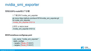 Copyright 2016 ITRI 工業技術研究院
nvidia_smi_exporter
到每台GPU-node做以下步驟
1.下載並執行nvidia_smi_exporter
git clone https://github.com/kevin7674/nvidia_smi_exporter.git
cd nvidia_smi_exporter
./nvidia_smi_exporter 9101 &
2.修改 vi /etc/rc.local
./nvidia_smi_exporter 9101 &
修改Prometheus-configmap.yaml
- job_name: "nvidia_smi_exporter"
static_configs:
- targets: [‘Node_IP:9101']
- targets: [‘Node_IP:9101']
 