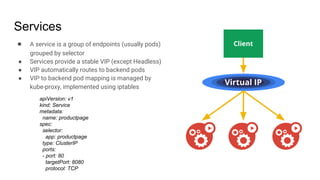 Services
● A service is a group of endpoints (usually pods)
grouped by selector
● Services provide a stable VIP (except Headless)
● VIP automatically routes to backend pods
● VIP to backend pod mapping is managed by
kube-proxy, implemented using iptables
Client
Virtual IP
apiVersion: v1
kind: Service
metadata:
name: productpage
spec:
selector:
app: productpage
type: ClusterIP
ports:
- port: 80
targetPort: 8080
protocol: TCP
 