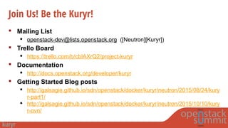 Join Us! Be the Kuryr!
 Mailing List
 openstack-dev@lists.openstack.org ([Neutron][Kuryr])
 Trello Board
 https://trello.com/b/cbIAXrQ2/project-kuryr
 Documentation
 http://docs.openstack.org/developer/kuryr
 Getting Started Blog posts
 http://galsagie.github.io/sdn/openstack/docker/kuryr/neutron/2015/08/24/kury
r-part1/
 http://galsagie.github.io/sdn/openstack/docker/kuryr/neutron/2015/10/10/kury
r-ovn/
 
