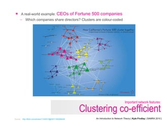 A real-world example:  CEOs of Fortune 500 companies Which companies share directors? Clusters are colour-coded Source: http://flickr.com/photos/11242012@N07/1363558436   Important network features: Clustering co-efficient 