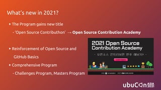 What’s new in 2021?
▶ The Program gains new title
- ‘Open Source Contributhon’ → Open Source Contribution Academy
▶ Reinforcement of Open Source and
GitHub Basics
▶ Comprehensive Program
- Challenges Program, Masters Program
 