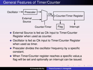 General Features of Timer/Counter
Counter/Timer Register
Oscillator
External
Source
Counter/Timer Flag Interrupt
Prescaler
Clk
External Source is fed as Clk input to Timer/Counter
Register when used as counter.
Oscillator is fed as Clk input to Timer/Counter Register
when used as timer.
Prescaler divides the oscillator frequency by a speciﬁc
constant.
When Timer/Counter register reaches a speciﬁc value,a
ﬂag will be set and optionally an interrupt can be issued.
R S Ananda Murthy Timers/Counters in Atmega328
 