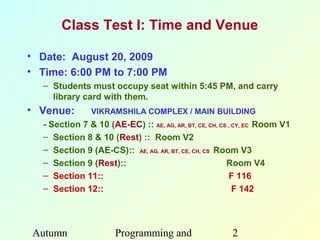 Class Test I: Time and Venue

• Date: August 20, 2009
• Time: 6:00 PM to 7:00 PM
  – Students must occupy seat within 5:45 PM, and carry
    library card with them.
• Venue:       VIKRAMSHILA COMPLEX / MAIN BUILDING
  - Section 7 & 10 (AE-EC) :: AE, AG, AR, BT, CE, CH, CS , CY, EC Room V1
  – Section 8 & 10 (Rest) :: Room V2
  – Section 9 (AE-CS):: AE, AG, AR, BT, CE, CH, CS Room V3
  – Section 9 (Rest)::                                  Room V4
  – Section 11::                                         F 116
  – Section 12::                                           F 142




Autumn                Programming and                   2
 