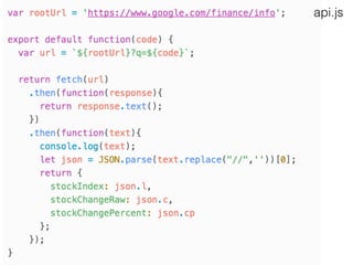 .then Promise
• .then promise is a kind of advance technique of
chaining callback function.
• .then promise will be invoked when the earlier
operation is completed.
// (1) Fetching from URL
// (2) Wait until fetching 
is ﬁnished, then convert  
response data to text format.
// (3) Wait until the data 
conversion is ﬁnished, then,
using the data.
 
