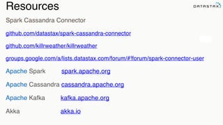 Resources
Spark Cassandra Connector
github.com/datastax/spark-cassandra-connector
github.com/killrweather/killrweather
groups.google.com/a/lists.datastax.com/forum/#!forum/spark-connector-user
Apache Spark spark.apache.org
Apache Cassandra cassandra.apache.org
Apache Kafka kafka.apache.org
Akka akka.io
Analytic
Analytic
 