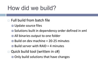 How did we build?
 Full build from batch file
 Update source files
 Solutions built in dependency order defined in xml
 All binaries output to one folder
 Build on dev machine = 20-25 minutes
 Build server with RAID = 4 minutes
 Quick build tool (written in c#)
 Only build solutions that have changes
 