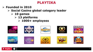 2
PLAYTIKA
 Founded in 2010
 Social Casino global category leader
 10 games
 13 platforms
 1000+ employees
 