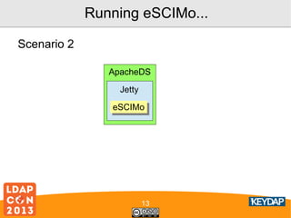 Running eSCIMo...
Scenario 2
ApacheDS
Jetty
eSCIMo
eSCIMo

13

 