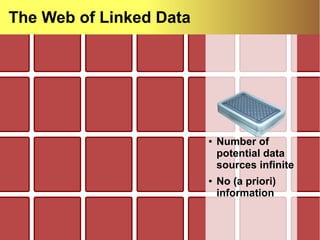 WWW 2013 Tutorial on Linked Data Query Processing [ Introduction ] 31
● Number of
potential data
sources infinite
● No (a priori)
information
The Web of Linked Data
 