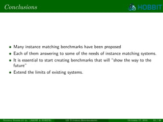 Conclusions
Many instance matching benchmarks have been proposed
Each of them answering to some of the needs of instance matching systems.
It is essential to start creating benchmarks that will “show the way to the
future”
Extend the limits of existing systems.
Ngonga Ngomo et al. (AKSW & FORTH) LD Tutorial:Benchmarking October 17, 2016 34 / 36
 