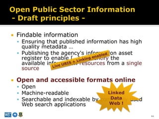 SPARQL queries41Haller, Groza - Get on the Linked Data Web! (Meta 2011)prefix go: <http://purl.org/obo/owl/GO#>prefix rdfs: <http://www.w3.org/2000/01/rdf-schema#>prefix owl: <http://www.w3.org/2002/07/owl#>...select ?genename ?processnamewhere{ graph <http://purl.org/commons/hcls/pubmesh>  { ?paper ?p mesh:D017966 .    ?article sc:identified_by_pmid ?paper.    ?gene sc:describes_gene_or_gene_product_mentioned_by ?article.  }  graph <http://purl.org/commons/hcls/goa>  { ?protein rdfs:subClassOf ?res.    ?res owl:onPropertyro:has_function.    ?res owl:someValuesFrom ?res2.    ?res2 owl:onPropertyro:realized_as.    ?res2 owl:someValuesFrom ?process.  graph <http://purl.org/commons/hcls/20070416/classrelations>  {{ ?process <http://purl.org/obo/owl/obo#part_of> go:GO_0007166}     union     { ?process rdfs:subClassOfgo:GO_0007166 }}       ?protein rdfs:subClassOf ?parent.       ?parent owl:equivalentClass ?res3.       ?res3 owl:hasValue ?gene.     }  graph <http://purl.org/commons/hcls/gene>  { ?gene rdfs:label ?genename }  graph <http://purl.org/commons/hcls/20070416>  { ?process rdfs:label ?processname}}MeSH: Pyramidal NeuronsPubMed: Journal ArticlesEntrez Gene: GenesGO: Signal Transduction[Ivan Herman(W3C), Semantic Web Adoption and Applications, 2011
