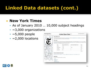 Linked Data datasetsDBPediaCommunity effortExtract structured information from Wikipedia info boxesCore of the Linked Data Web59Haller, Groza - Get on the Linked Data Web! (Meta 2011)