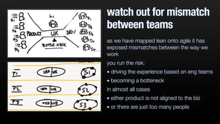 as we have mapped lean onto agile it has
exposed mismatches between the way we
work
you run the risk:
• driving the experience based on eng teams
• becoming a botteneck
in almost all cases
• either product is not aligned to the biz
• or there are just too many people
watch out for mismatch
between teams
 