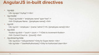 19
AngularJS in-built directives
• ng-app
<div ng-app=“myApp”></div>
• ng-model
<input ng-model = “employee.name” type=“text” />
<h4> Employee Name : {{employee.name}} </h4>
• ng-init
<div ng-init = ‘employee = {name:”admin”}’>Hi, {{employee.name}}</div>
• ng-click
<button ng-click = “count = count + 1”>Click to increment</button>
<h4> Current Count is : {{count}} </h4>
• ng-show/ng-hide
<div ng-show =“isSuperAdmin”>Only for Super Admin </div>
<div ng-hide = “UserNotAuthorized()”>Only for Authorized User</div>
 