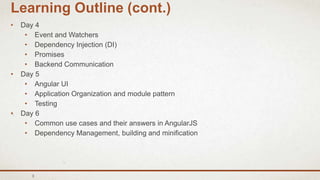 3
Learning Outline (cont.)
• Day 4
• Event and Watchers
• Dependency Injection (DI)
• Promises
• Backend Communication
• Day 5
• Angular UI
• Application Organization and module pattern
• Testing
• Day 6
• Common use cases and their answers in AngularJS
• Dependency Management, building and minification
 