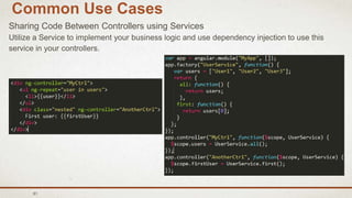 81
Common Use Cases
Sharing Code Between Controllers using Services
Utilize a Service to implement your business logic and use dependency injection to use this
service in your controllers.
 