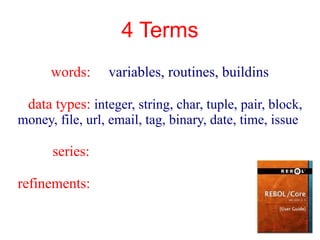 4 Terms
      words:     variables, routines, buildins

  data types: integer, string, char, tuple, pair, block,
money, file, url, email, tag, binary, date, time, issue

      series:

refinements:
 