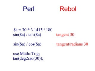 Perl                Rebol


$a = 30 * 3.1415 / 180
sin($a) / cos($a)      tangent 30

sin($a) / cos($a)      tangent/radians 30

use Math::Trig;
tan(deg2rad(30));
 