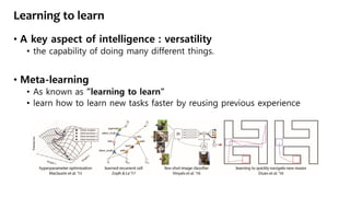 Learning to learn
• A key aspect of intelligence : versatility
• the capability of doing many different things.
• Meta-learning
• As known as ”learning to learn”
• learn how to learn new tasks faster by reusing previous experience
 