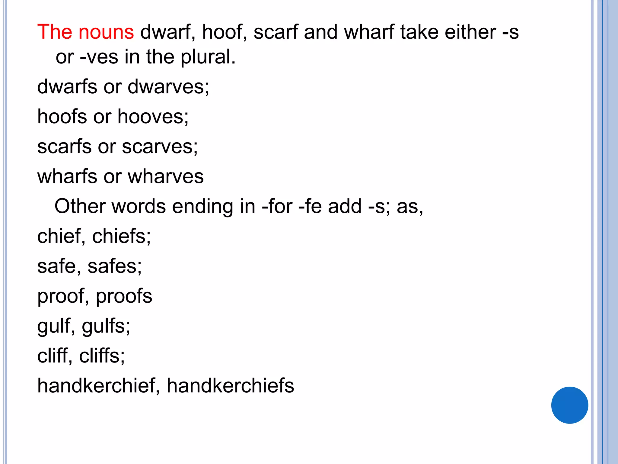 The nouns dwarf, hoof, scarf and wharf take either -s
or -ves in the plural.
dwarfs or dwarves;
hoofs or hooves;
scarfs or scarves;
wharfs or wharves
Other words ending in -for -fe add -s; as,
chief, chiefs;
safe, safes;
proof, proofs
gulf, gulfs;
cliff, cliffs;
handkerchief, handkerchiefs
 